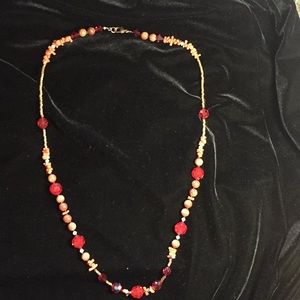 Necklace goldstone, coral, red Swarovski crystal